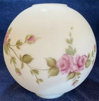 Vintage Gwtw 9.  5” Tall Globe Shade Satin Ivory With Hand Painted Pink Roses.