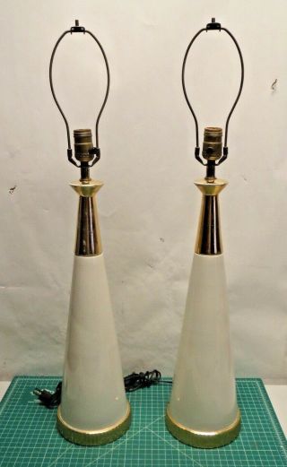 Vintage Ceramic Table Lamp Pair White Gold Mid Century Modern 50s Atomic Set