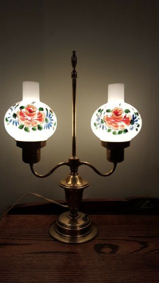 Vintage Double Arm Brass Student Lamp Hand Painted Milk Glass Shades Hurricane