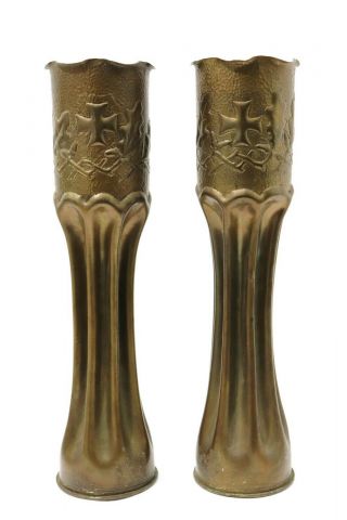 Vtg Wwi Military Trench Art Vase Pair Brass Artillery Shell Folk Art