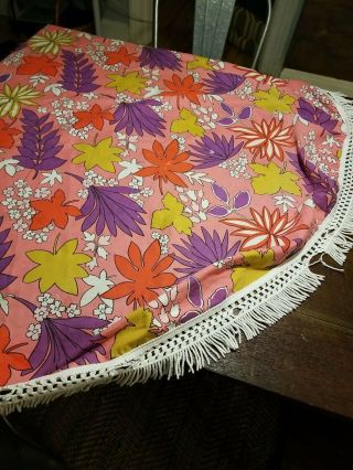 Vintage Mod Hippie Tablecloth Pink Flower Power Fabric 60s 70s Fringed Round 60 "