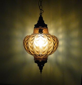 1 Of 2 Vintage Large Mid Century Amber Glass Hanging Swag Lamps