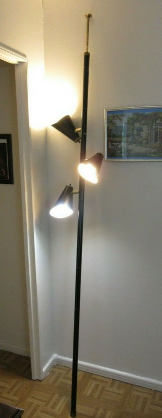 Mid Century 3 Light Black Metal Tension Pole Lamp Perforated Cone Shades