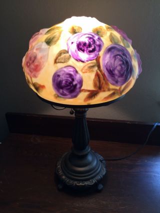 Victorian Table Lamp Featuring Floral Reverse Painted Dome Shade Footed Base