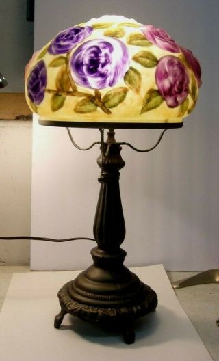 Embossed Reverse Painted Floral Satin Glass Shade W/ Bronze Look Base 22 " Tall