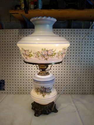 Large Vintage 3 Way Light Gone With The Wind Hurricane Table Lamp Blue Floral
