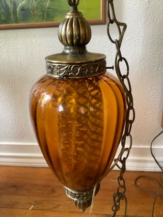 Vintage Swag Amber Glass Hanging Light W/ Chain Mid - Century Modern Lamp Pendant
