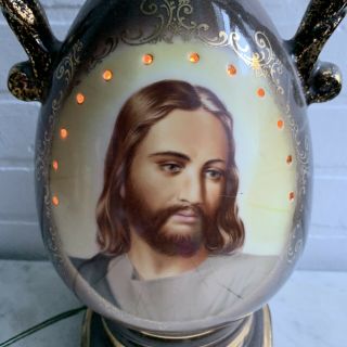 Vintage Jesus Painted Porcelain Table Lamp 3 Way Switch Backlit Halo