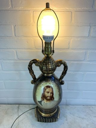 Vintage Jesus Painted Porcelain Table Lamp 3 Way Switch Backlit Halo 2