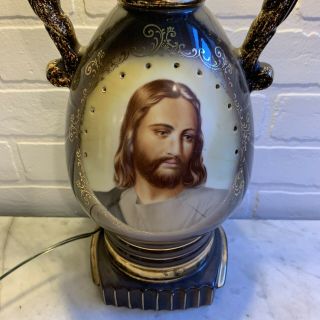 Vintage Jesus Painted Porcelain Table Lamp 3 Way Switch Backlit Halo 3