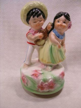 Vintage Ceramic Hawaiian Music Box Hula Girl Boy Ukulele Japan Estate Find