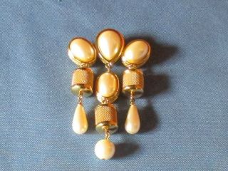 Vintage Signed Monet Gold - Tone Metal Faux Pearl Tassel Design Pin Brooch