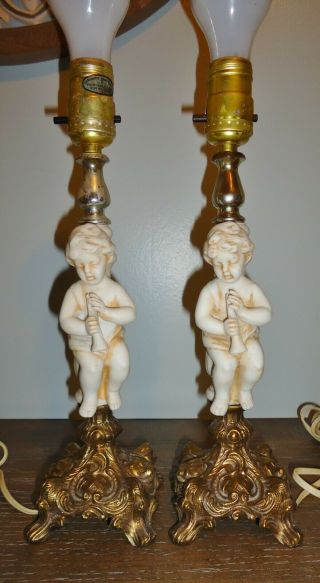 Pair Vintage Mid Century Chalkware Cherub Gold Cast Metal Base Angel Table Lamp