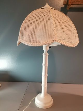Vintage White Rattan Wicker Table Lamp Retro Mid Century Wood Body - Metal Base