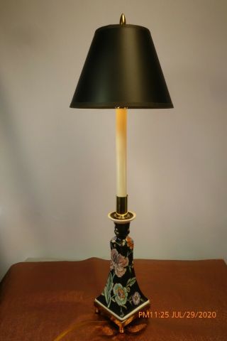 Vintage Hand Painted Floral Porcelain & Brass Candlestick Table Lamp W/shade Euc