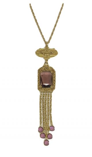 Vintage Goldette Etruscan Victorian Style Necklace Goldtone Faux Amethyst