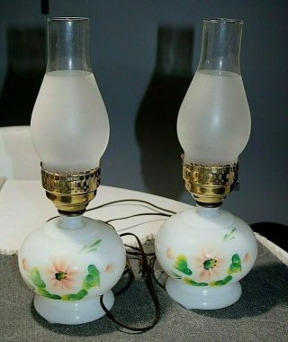 2 Vintage Milk Glass W/ Hand Painted Floral Design Electric Hurricane Lamp