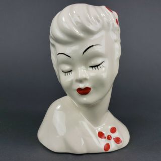 Vintage Glamour Lady Head Vase White Red 5.  5 " Tall