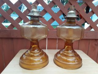 Pair Vintage Eagle Amber Glass Hurricane Lamp Oil Kerosene Lantern/farm