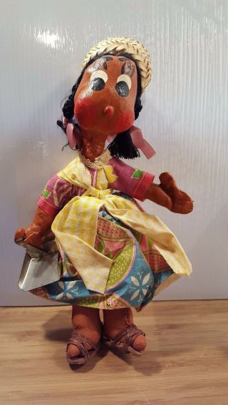 Vtg Mexico Paper Mache Folk Art Doll Girl With Shovel Pigtails Straw Hat 1960s