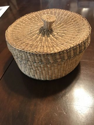 Native American Indian Basket With Lid Tight Weave