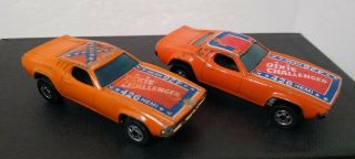 2 Vintage Hot Wheels 1970 Orange Dodge Dixie Challengers 426 Hemi Flag / No Flag