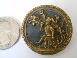 Vtg.  Antique Button Gold Tone Brooch / Pin,  Boy Playing Flute?,  Rare And Unique