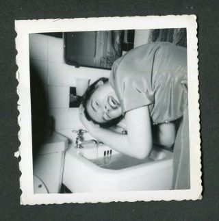 Vintage Photo Unusual View Of Woman Washing Hair In Bathroom Sink 423123