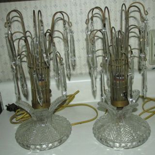 (2) Art Deco Waterfall Boudoir Lamps Cut Glass W/ Crystal Prisms Nicely