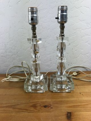 Vintage Set Of 2 Hand Cut Leaded Crystal Lamps In Art Deco