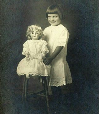 Haunted Little Eaton Ohio Girl Cabinet Photograph Possessed By Huge Antique Doll