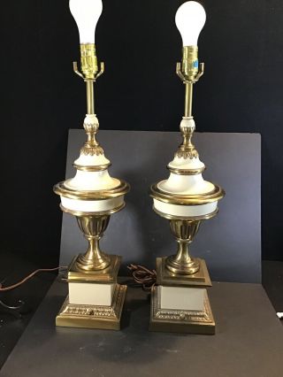 Pair Heavy Stiffel Vintage Enamel Brass Trophy Urn Lamps Hollywood Regency