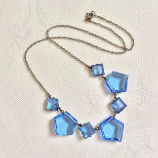 Vintage Art Deco 1920’s Blue Crystal Bezel Geometric Faceted Glass Necklace