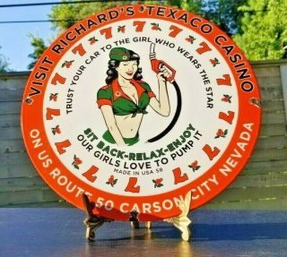 Vintage Texaco Gasoline Porcelain Pin Up Girl Gas Service Casino Pump Plate Sign