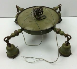 Vintage Green Metal Hanging 4 Lamp Ceiling Light Colonial Style Chandelier