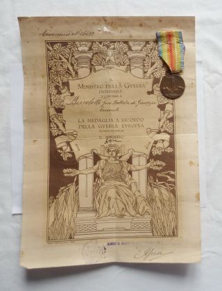 Italian Interallied Victory Medal With Certificate 1918 1st World War Wwi Italy