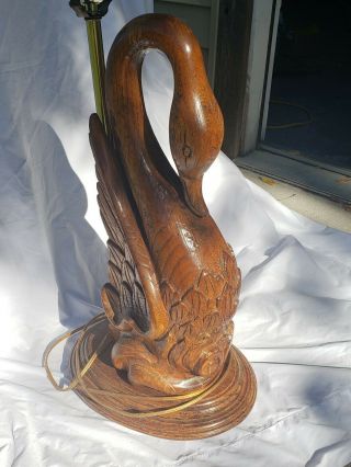 Vintage Carved Wood Swan Table Lamp