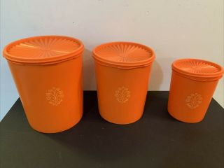 Vintage Tupperware Orange Servalier Canister Set (3) 1339 - 6 805 - 12 & 811 - 4