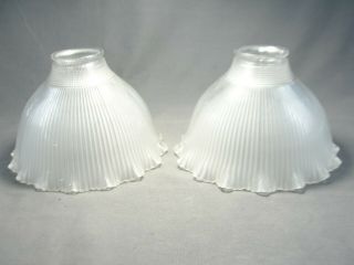2 Matching Antique Holophane Satin Ribbed Glass Light Lamp Shades Ruffled Edge