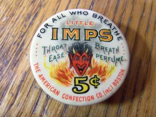 Celluloid Advertising Little Imps Throat Ease & Breath Perfume Container Devil