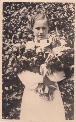 1940s Pretty Young Woman With Flowers Fashion Old Latvian Soviet Photo