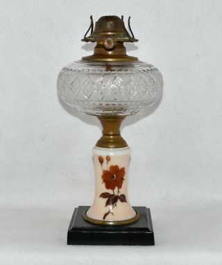 Antique Oil Lamp Hand Painted Floral Design Frcsted Font (12 " Tall)