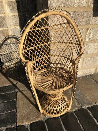Vintage Wicker Peacock Fan Back Rattan Chair 16” Doll Plant Stand Boho Decor