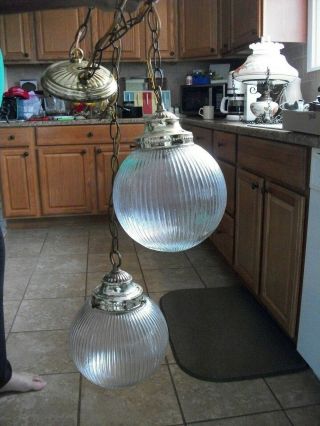 Vintage 2 Double Ribbed Pattern Glass Globe Hanging Light