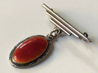 Vintage Art Deco Sterling Silver & Red Guilloche Enamel Oval Droplet Brooch Pin