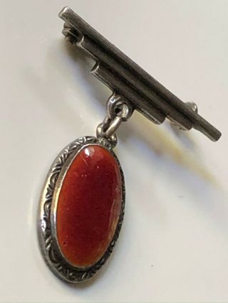 Vintage Art Deco sterling silver & red guilloche enamel oval droplet brooch pin 3