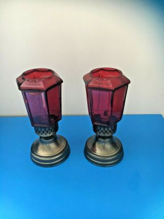 Antique/vintage Oil Lamp W/ Cranberry Glass Shades 11 " Tall