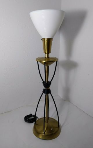 Vintage Gold Metal Torchiere Milk Glass Shade Table Lamp - Mid Century Modern