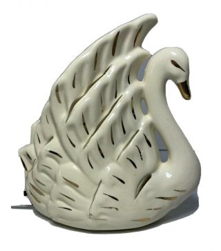 Mid Century Modern 1950 Ceramic White Swan Gold Gild Tv Lamp Night Light