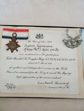 Wwi British 1914 - 1915 Star Medal Certificate & Cap Badge,  Seaforth Highlanders